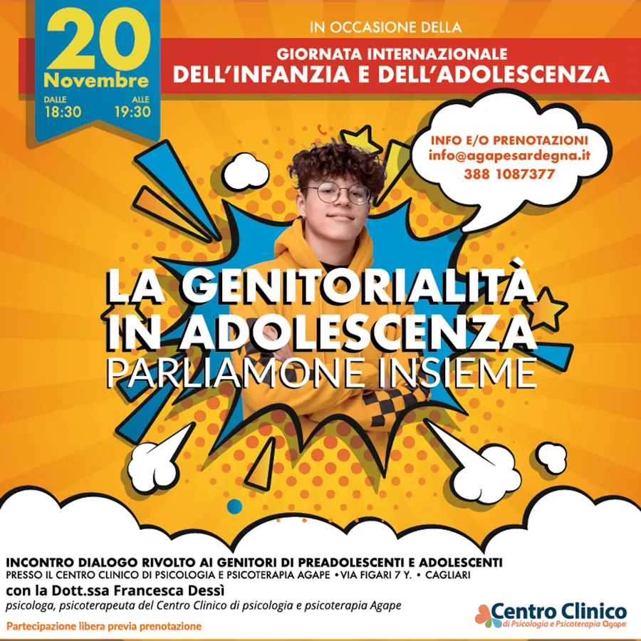 Publication pour la journée de l’enfance et de l’adolescence : un garçon dans une bulle de bande dessinée jaune et le titre La parentalité à l’adolescence, parlons-en ensemble