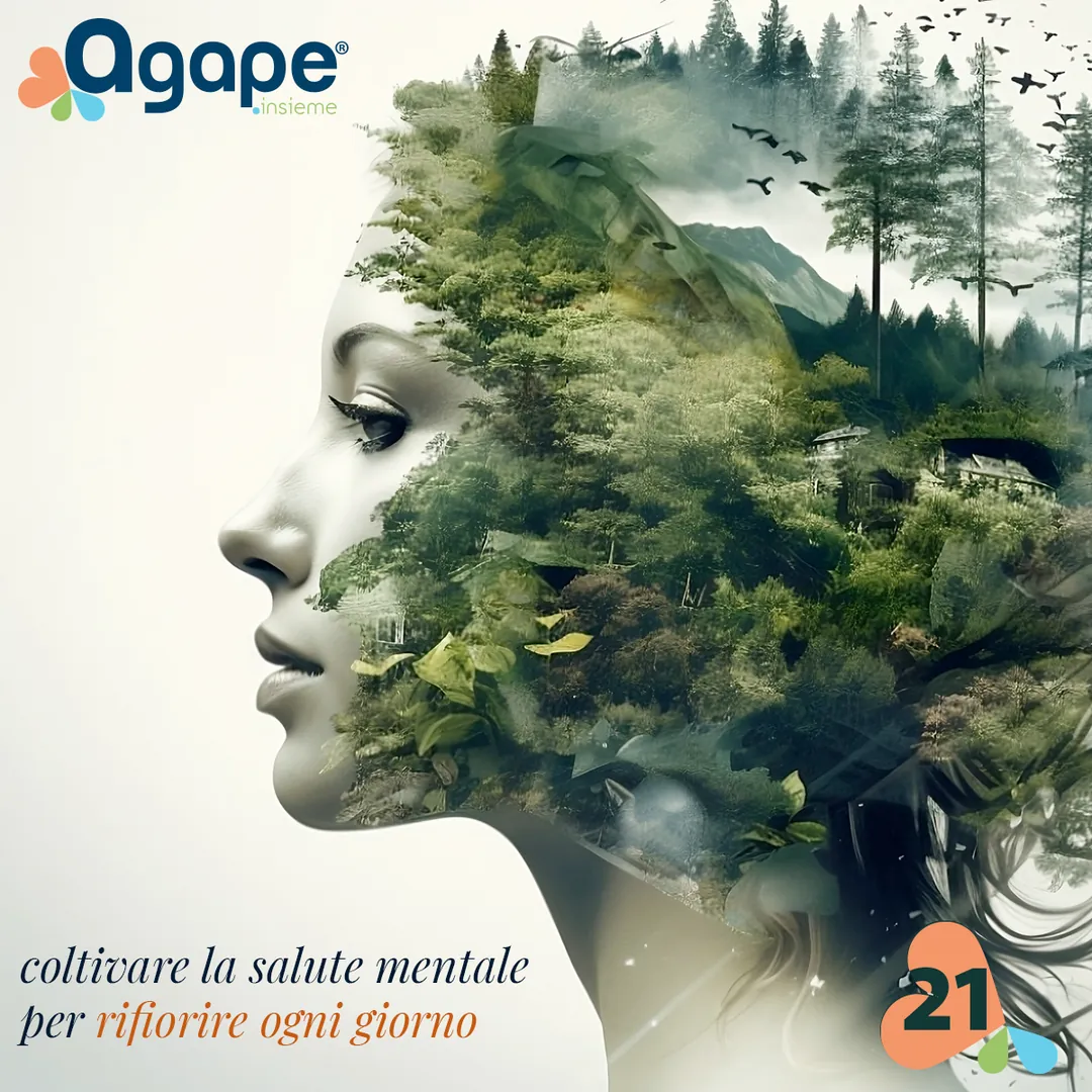 Publication pour les vingt et un ans d’Agape : profil de femme avec une forêt à la place des cheveux et la phrase cultiver la santé mentale pour refleurir chaque jour