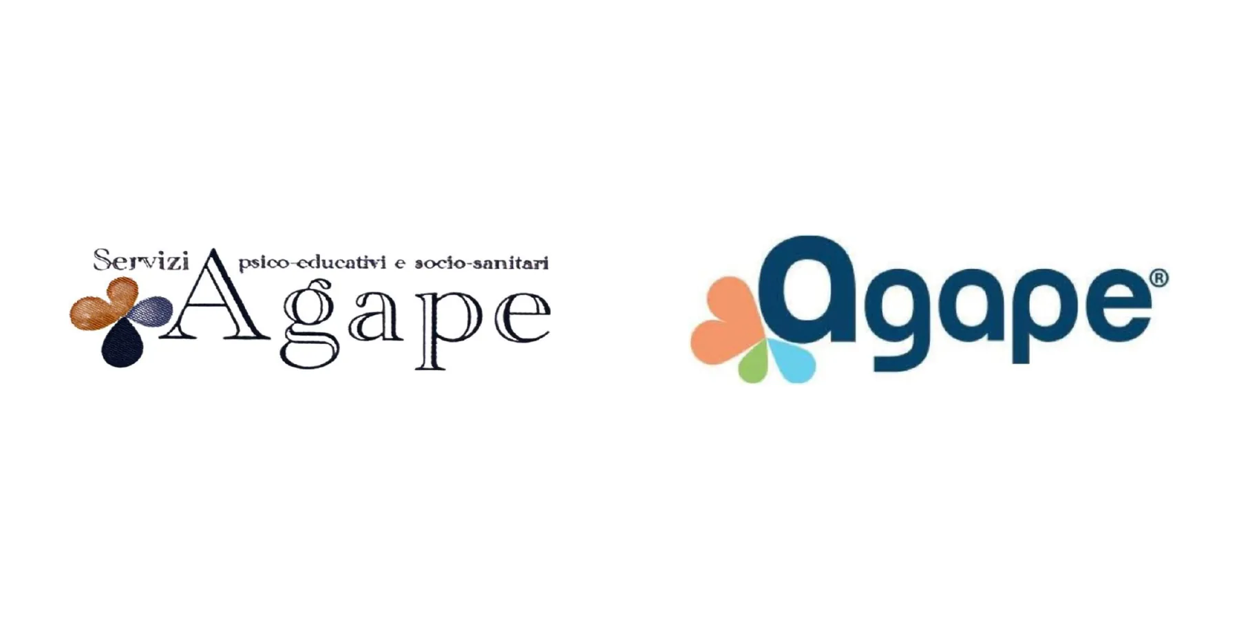 L’ancien logo Agape en caractères à empattements à côté du nouveau logo aux pétales colorés