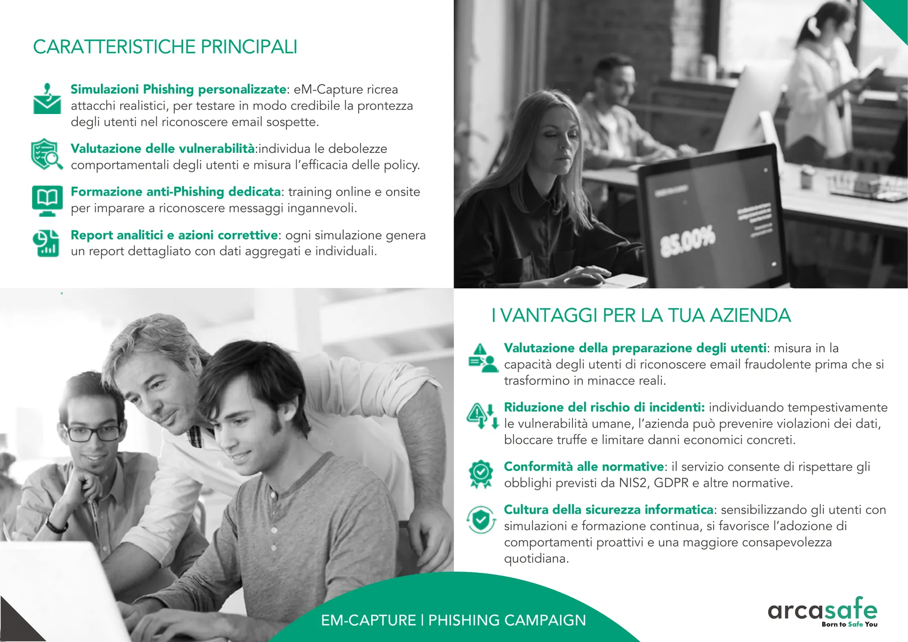 Brochure eM-Capture Phishing Campaign, page 2 : liste des caractéristiques principales et des avantages pour l’entreprise, avec des photographies de personnes qui travaillent devant un ordinateur