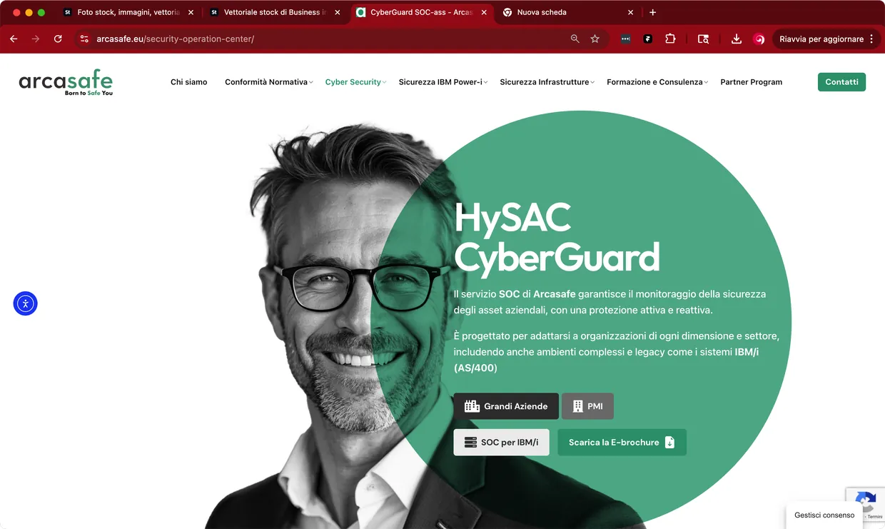 La page HySAC CyberGuard du site Arcasafe : portrait d’un homme à lunettes, un cercle vert et le texte sur le service SOC