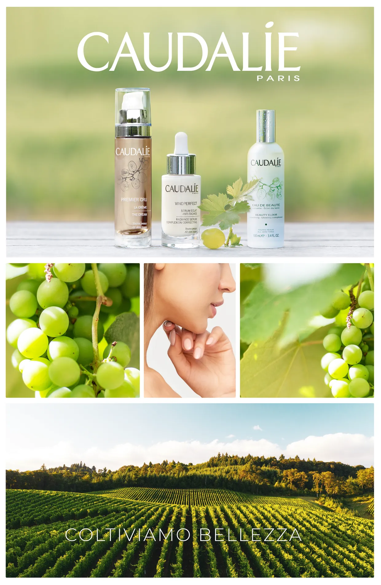 Poster Caudalie avec les trois mêmes produits en haut ; au milieu trois photographies, raisin vert, le visage d’une femme la main sur le menton et une feuille avec des grappes ; en bas un paysage de vignoble avec l’inscription Coltiviamo bellezza