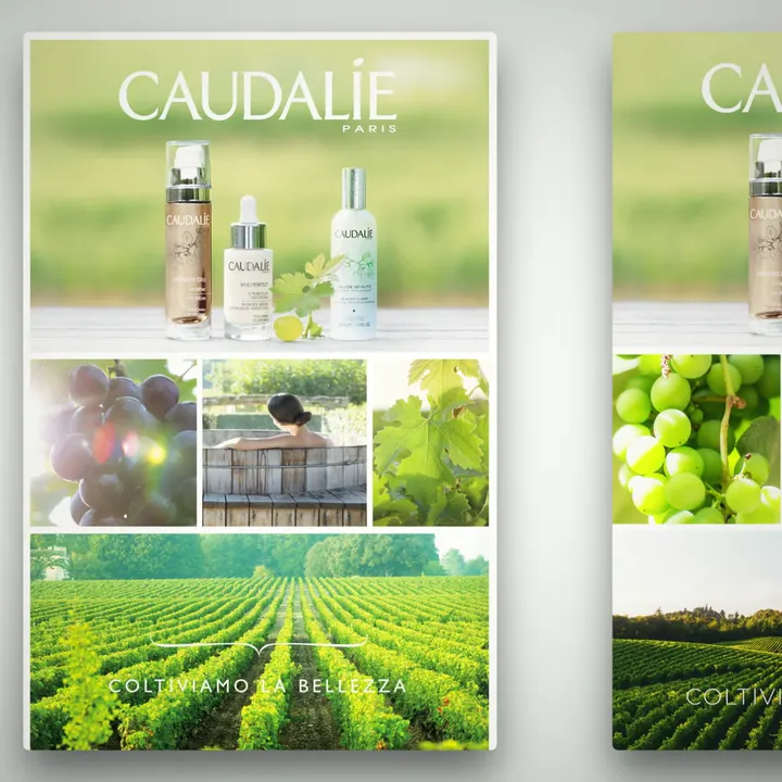 Poster Caudalie avec des flacons de sérum et un vignoble