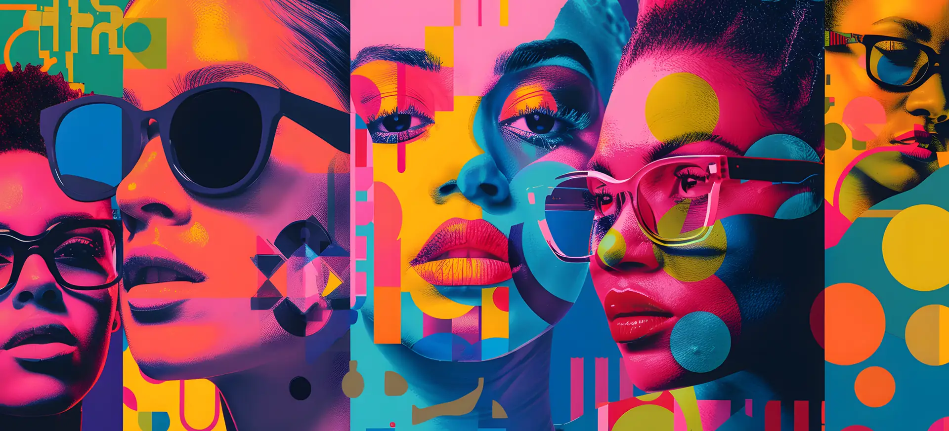 Collage de visages de style pop art, avec lunettes et formes géométriques, en rose, orange, bleu et jaune