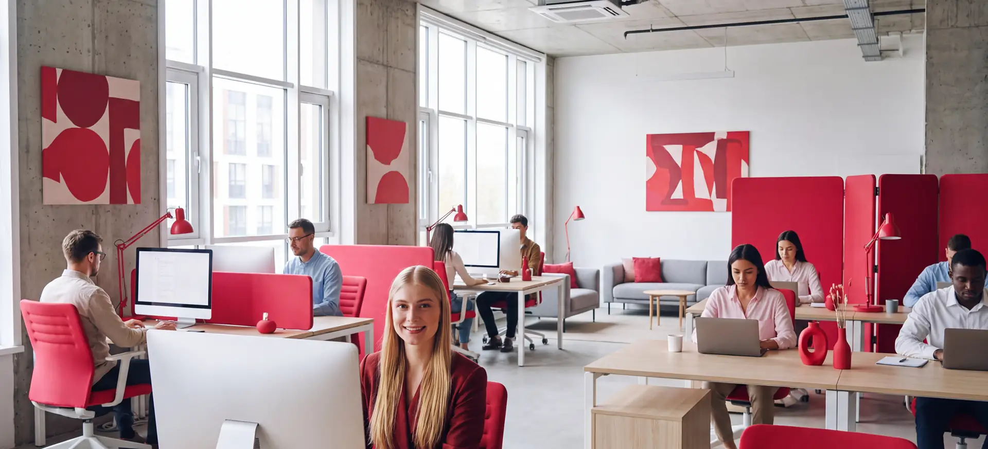 Une femme blonde en veste bordeaux sourit devant un iMac dans un open space lumineux, des collègues au travail autour d’elle