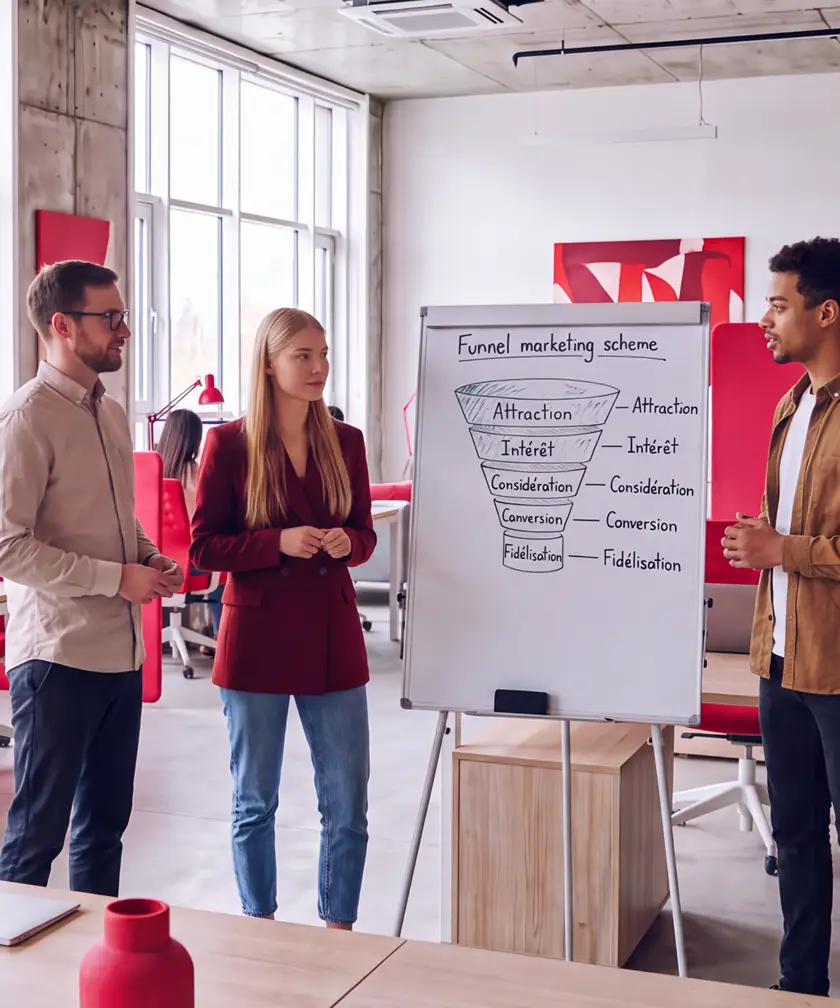 Une femme et deux hommes debout près d’un tableau blanc montrant l’entonnoir marketing, dans un bureau lumineux