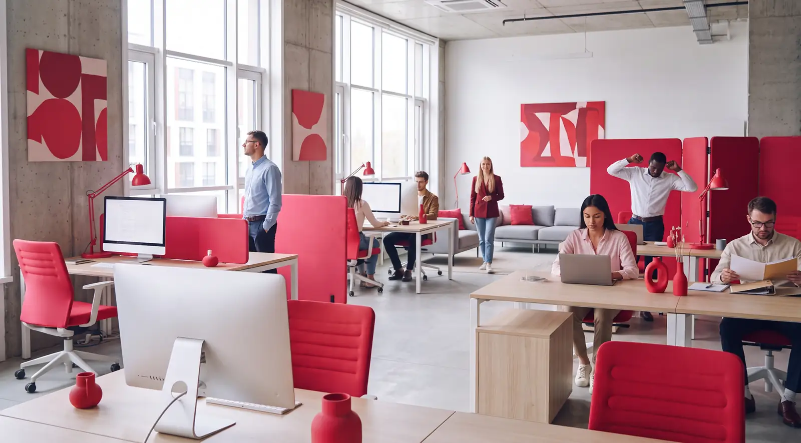 Un open space lumineux où des collègues travaillent à leurs bureaux, entre cloisons rouges et tableaux abstraits