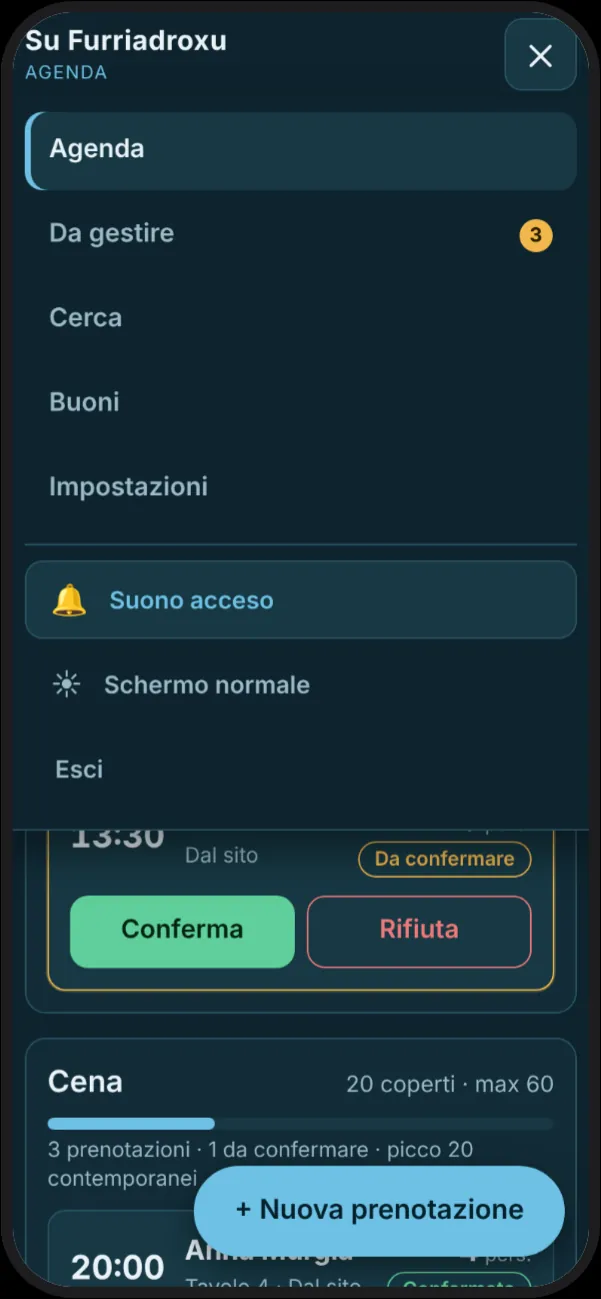 Menu dell’app su telefono con le voci Agenda, Da gestire, Cerca, Buoni e Impostazioni, l’impostazione del suono e il pulsante Esci
