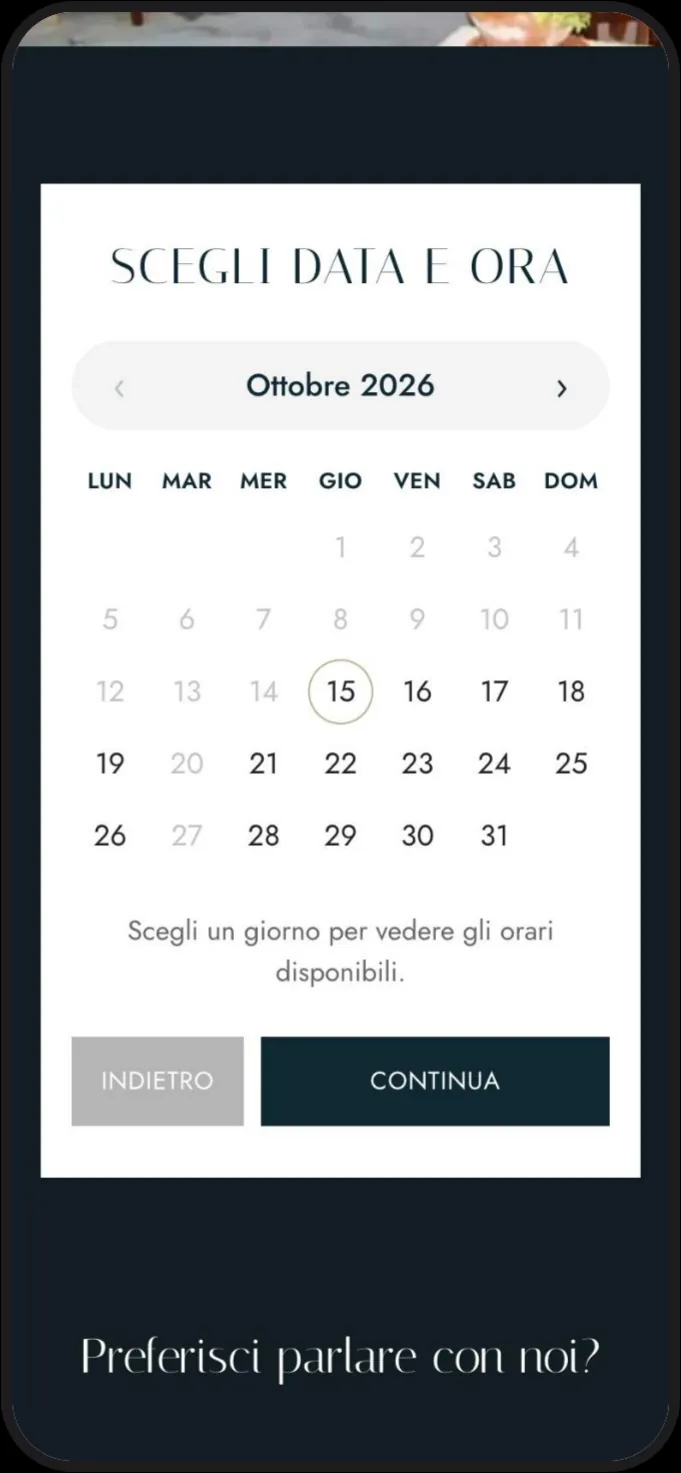 Schermata Scegli data e ora con il calendario di ottobre 2026 e l’invito a scegliere un giorno per vedere gli orari disponibili, con i pulsanti Indietro e Continua