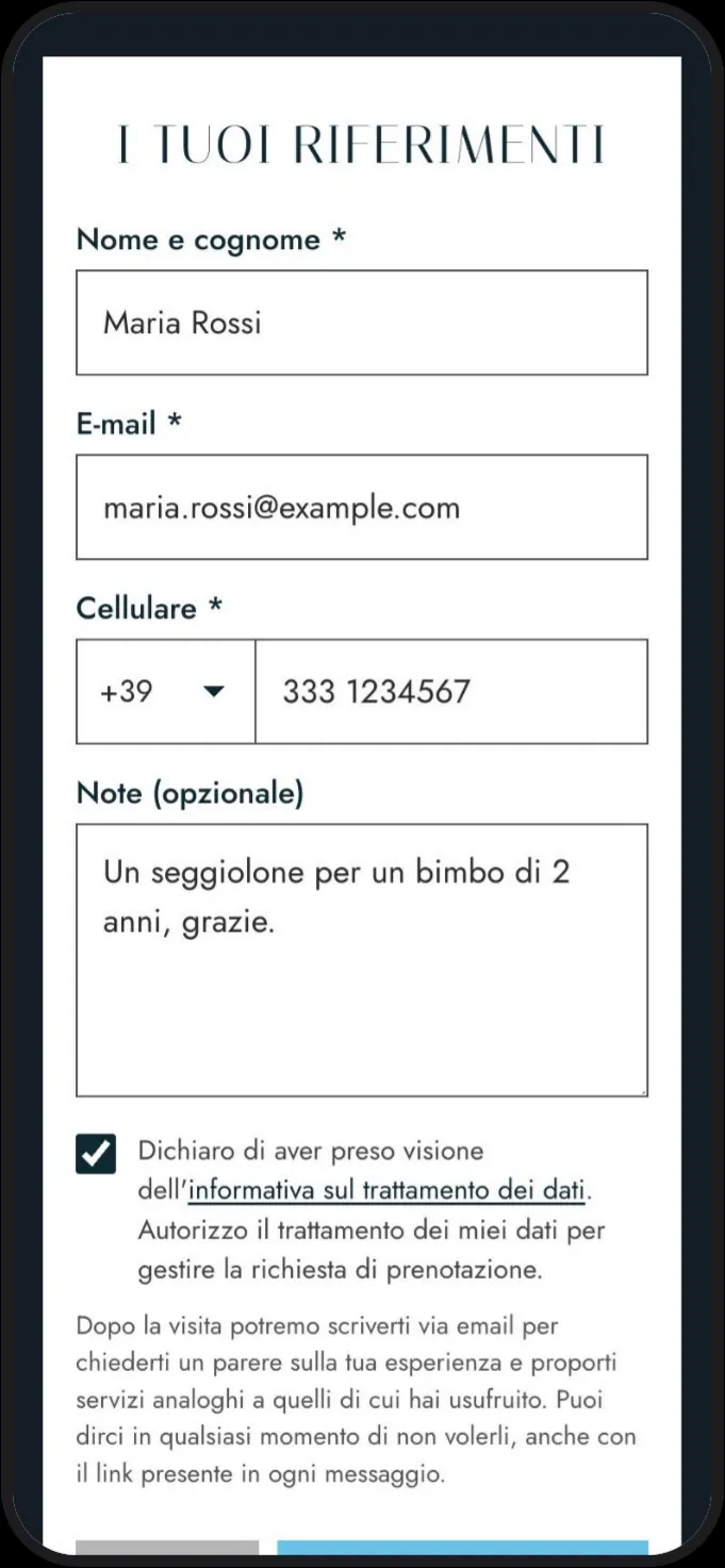 Schermata I tuoi riferimenti con i campi nome e cognome, e-mail, cellulare e note, la casella di consenso al trattamento dei dati e i pulsanti per proseguire