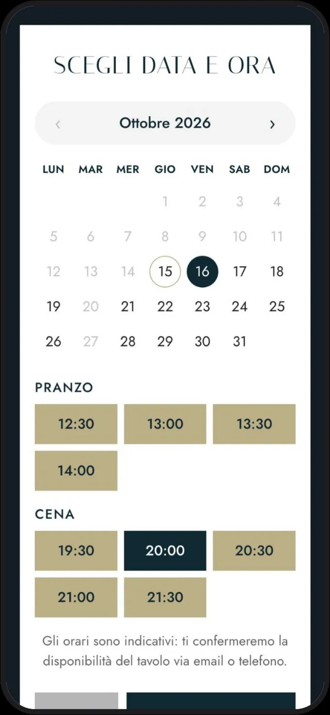 Schermata Scegli data e ora con il giorno 16 selezionato, gli orari del pranzo dalle 12:30 alle 14:00 e quelli della cena dalle 19:30 alle 21:30, con le 20:00 selezionate