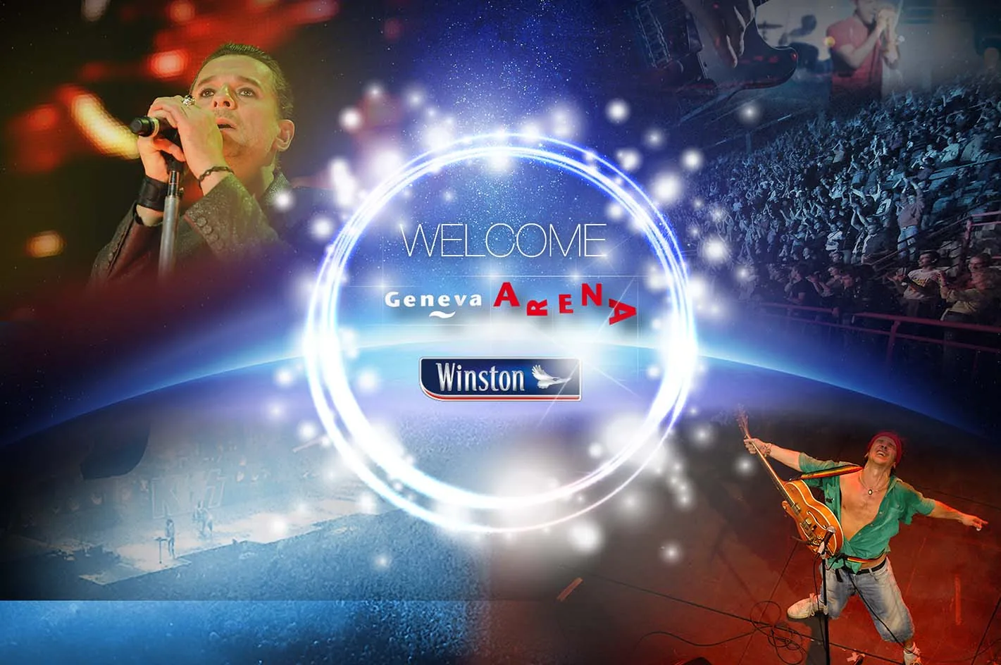 Seconde version du panneau Welcome : l’anneau lumineux avec les logos Geneva Arena et Winston, un chanteur au micro à gauche, un guitariste en plein saut en bas à droite et le public derrière