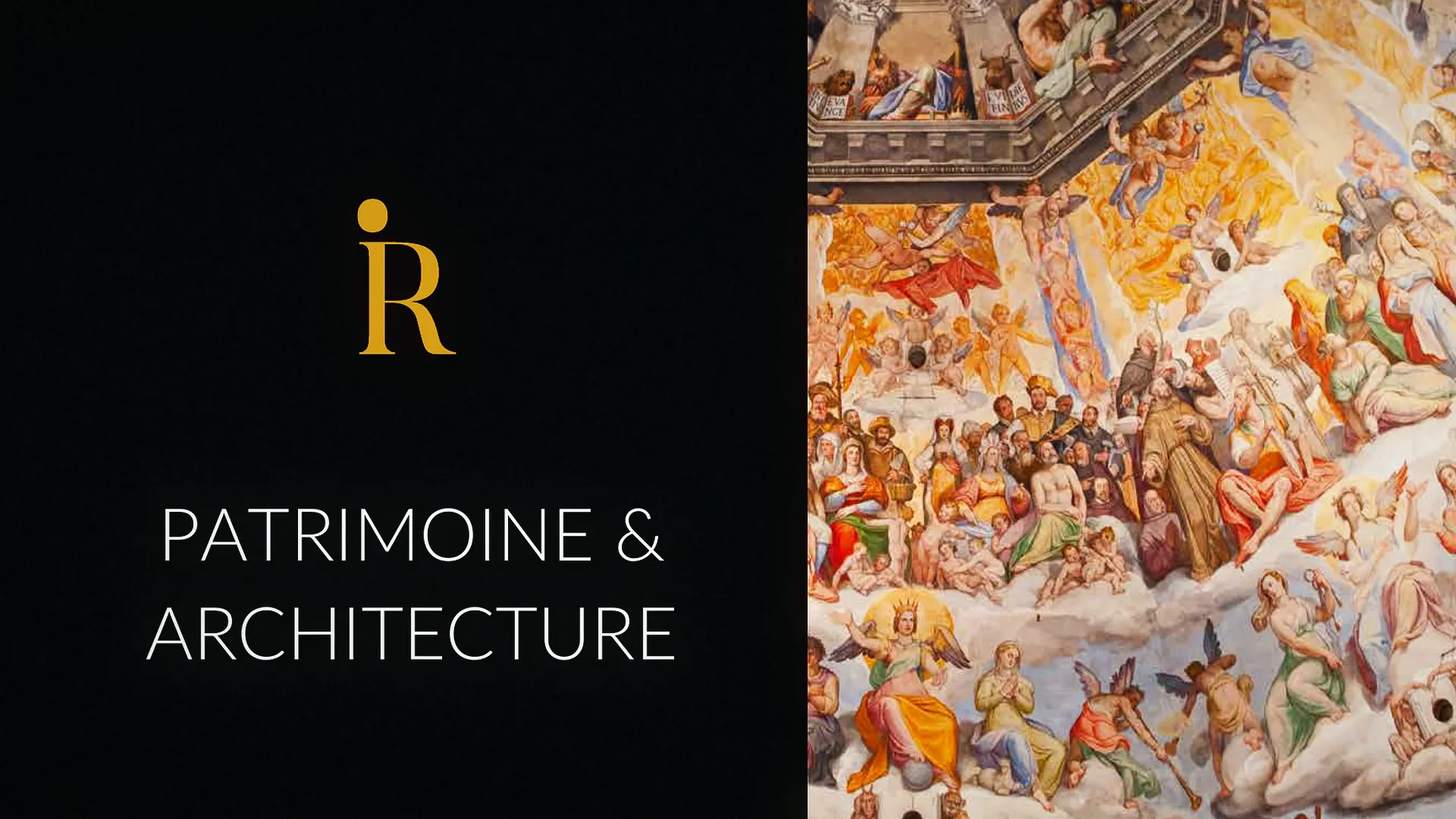 Il monogramma dorato iR su fondo nero con la scritta Patrimoine & Architecture, accanto a un affresco