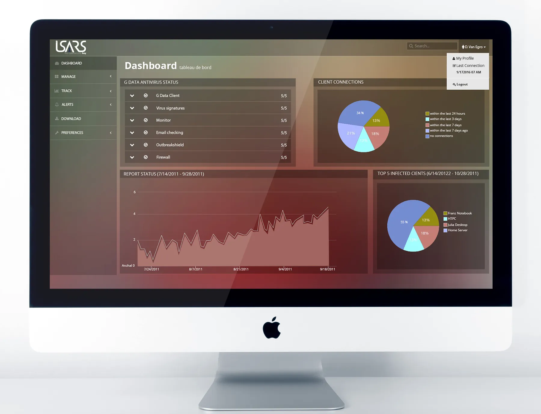 La dashboard ISARS sullo schermo di un iMac. A sinistra il menu Dashboard, Manage, Track, Alerts, Download e Preferences. A destra i riquadri G Data Antivirus Status, Client Connections, Report Status e Top 5 infected clients, con due grafici a torta e un grafico ad area rosso