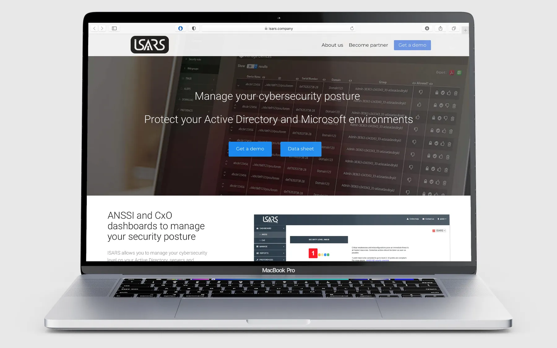 Il sito isars.company sullo schermo di un MacBook Pro. In alto il logo ISARS e i link About us, Become partner e Get a demo. Sotto, su uno sfondo scuro, il titolo Manage your cybersecurity posture, la riga Protect your Active Directory and Microsoft environments e i pulsanti Get a demo e Data sheet