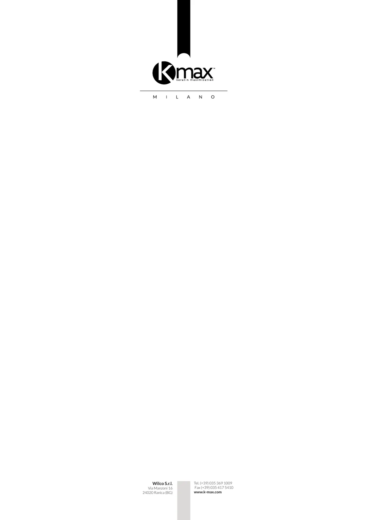 Papier à en-tête A4 : en haut une bande noire et le logo Kmax avec l’inscription MILANO, en bas les coordonnées de Wilco S.r.l. et l’adresse du site www.k-max.com