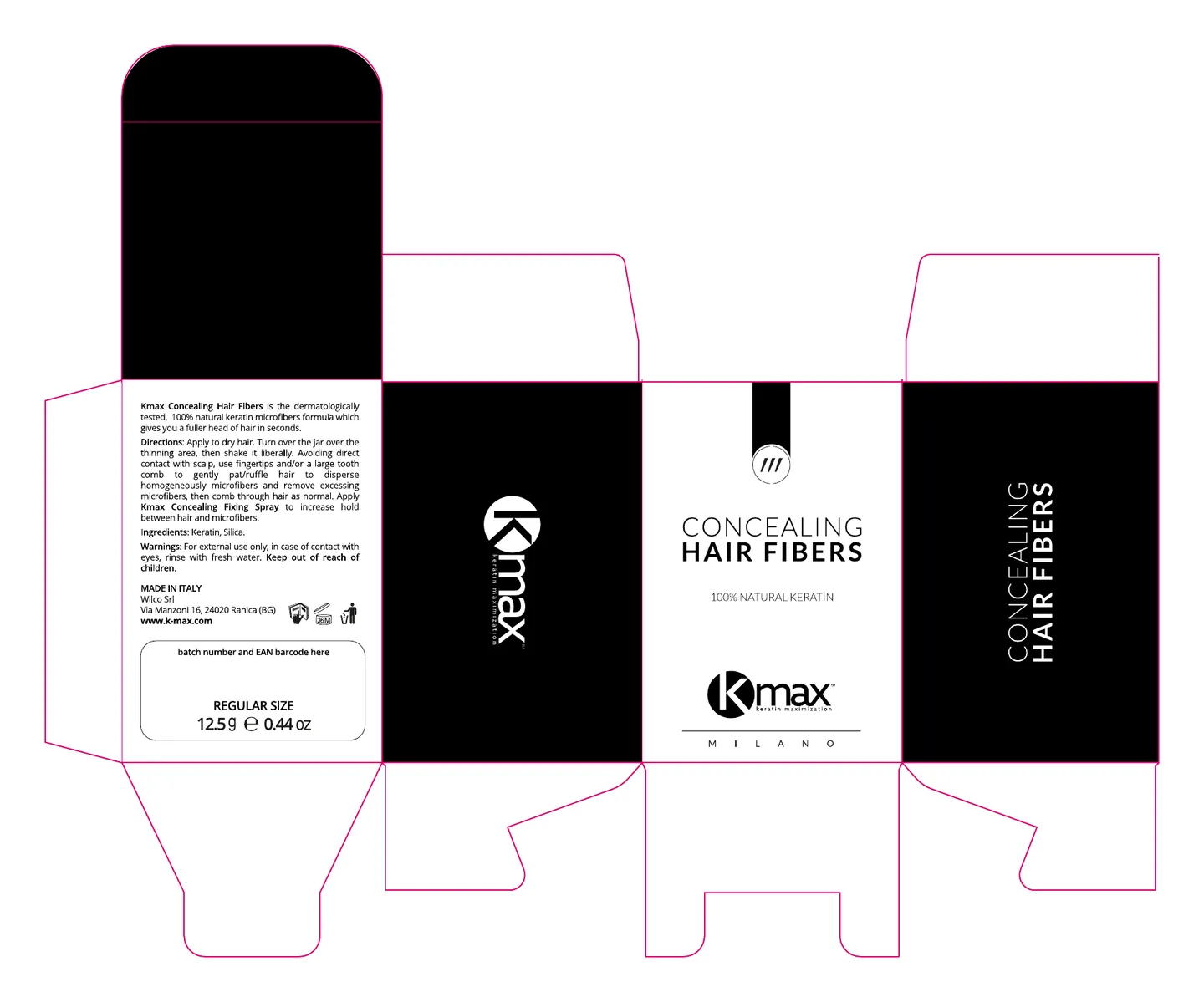 Plan de découpe de l’étui Concealing Hair Fibers : panneaux noirs et blancs avec le logo Kmax, le mode d’emploi, un cadre indiquant le poids de 12,5 g et les lignes de coupe en magenta