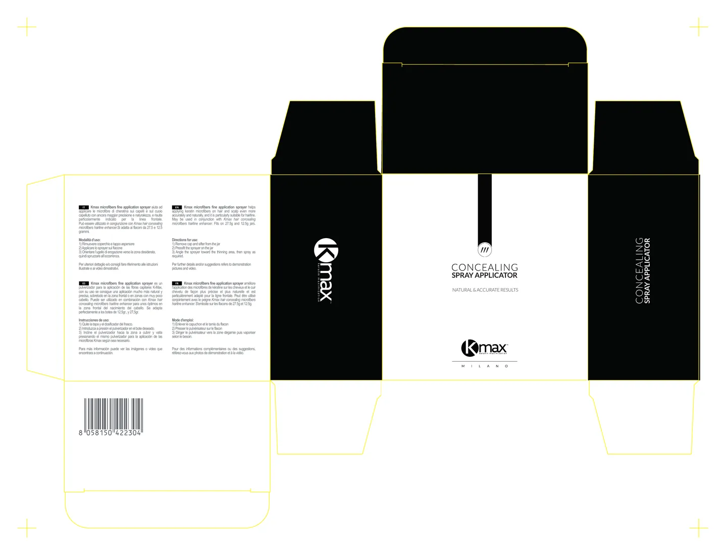 Plan de découpe de l’étui Concealing Spray Applicator : panneaux noirs et blancs avec le logo Kmax, un mode d’emploi en italien, anglais, espagnol et français, un code-barres et les lignes de coupe en jaune