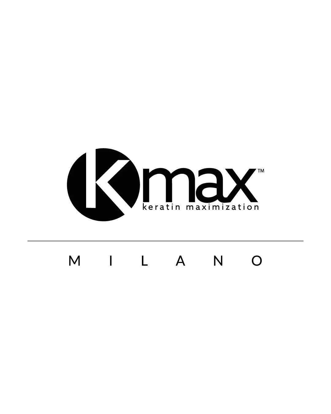 Le logo Kmax Milano en noir sur fond blanc : un cercle avec le K, le mot max et l’inscription keratin maximization, puis un trait avec le mot MILANO