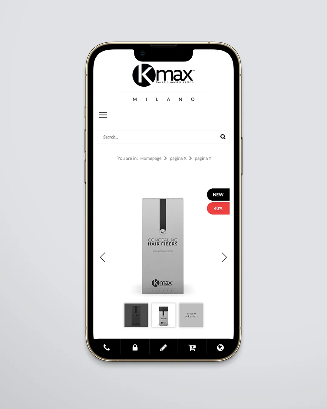 Téléphone affichant la fiche produit du site Kmax : le logo en haut, le champ de recherche, un étui Concealing Hair Fibers entre deux flèches, les étiquettes NEW et 40 % et trois miniatures en dessous