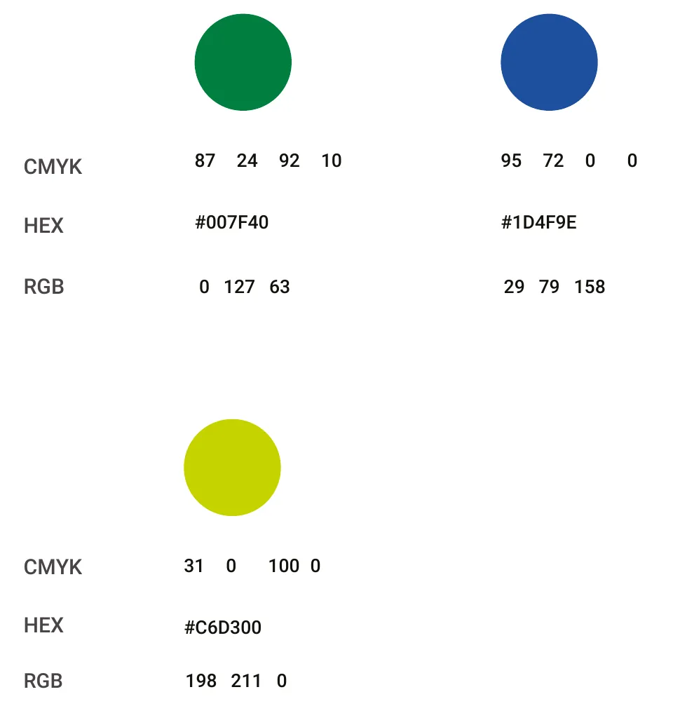 Les trois couleurs principales du logo avec leurs valeurs CMJN, HEX et RVB : vert #007F40, bleu #1D4F9E et vert lime #C6D300