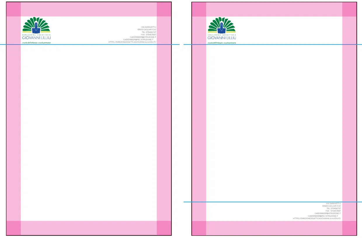 Deux feuilles de papier à en-tête avec les zones non imprimables en rose : sur la première, le logo est à gauche et les coordonnées à droite ; sur la seconde, les coordonnées sont en bas à droite