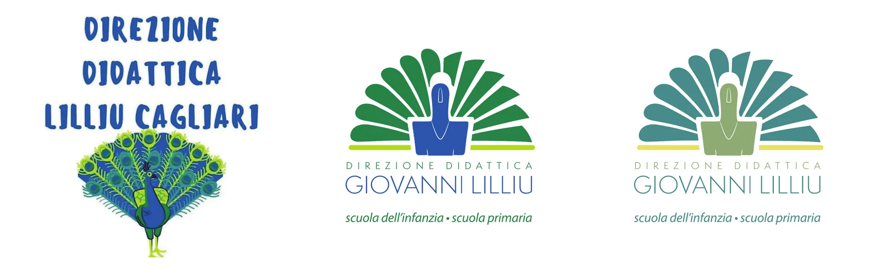 À gauche, l’ancien logo : l’inscription Direzione Didattica Lilliu Cagliari en lettres bleues dessinées à la main au-dessus d’un paon illustré. Au centre, le nouveau logo, avec un éventail vert qui s’ouvre comme un livre et une figure bleue. À droite, le même logo dans la seconde palette, en vert d’eau, olive et jaune