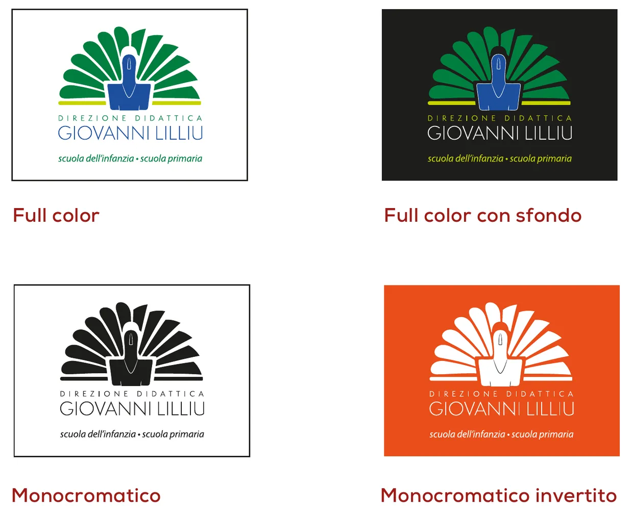 Quatre déclinaisons du logo : en couleurs sur fond blanc, en couleurs sur fond sombre, monochrome sur blanc et monochrome inversé sur fond orange