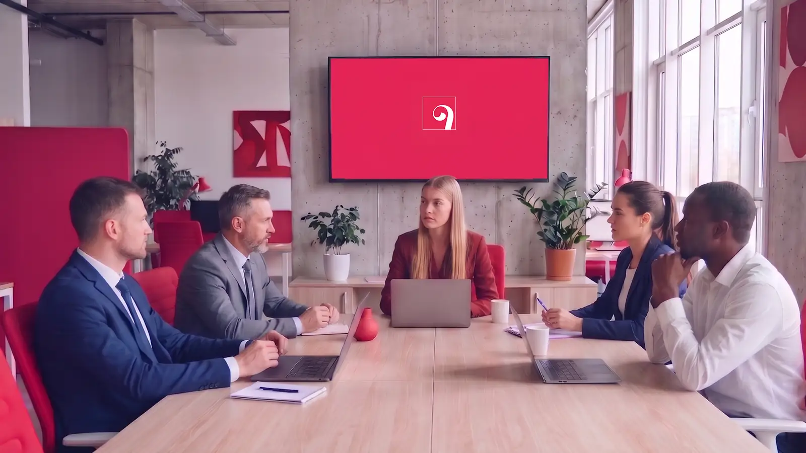Cinq personnes assises autour d’une table dans une salle de réunion, devant un écran rouge portant un logo blanc