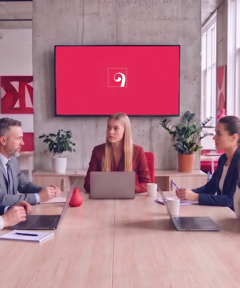 Des personnes en réunion autour d’une table, devant un écran rouge portant un logo blanc