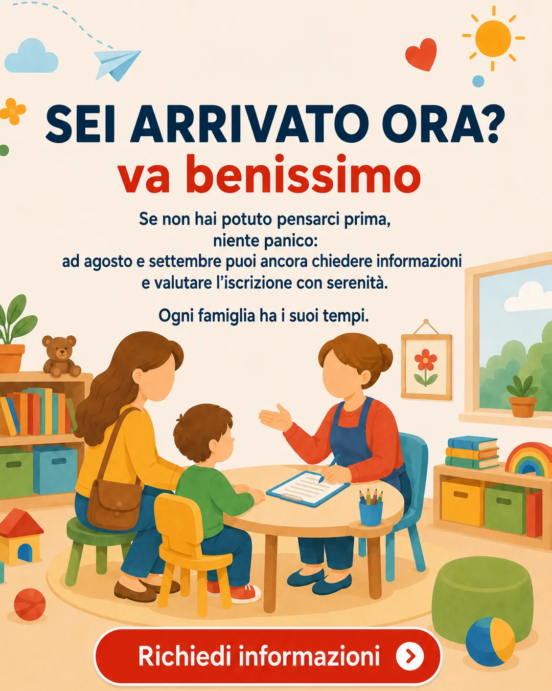 Publication avec le titre Sei arrivato ora? Va benissimo : une mère et un enfant parlent avec une institutrice à une table, et le bouton Richiedi informazioni