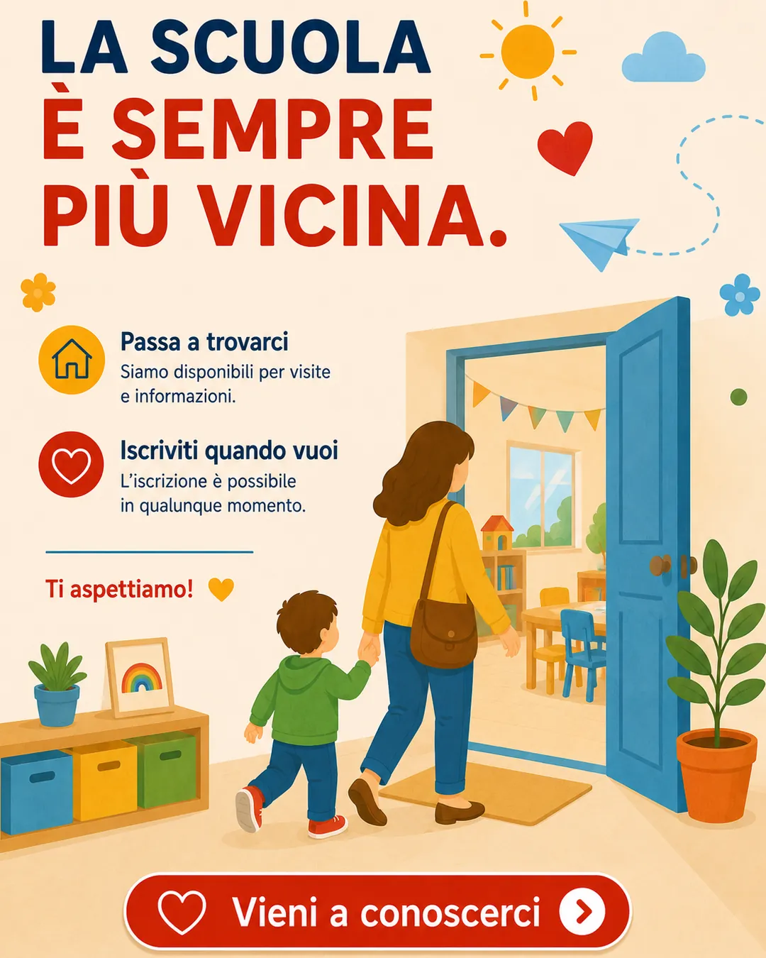 Publication avec le titre La scuola è sempre più vicina : une mère avec un enfant franchit une porte bleue ouverte, à côté des rubriques Passa a trovarci et Iscriviti quando vuoi