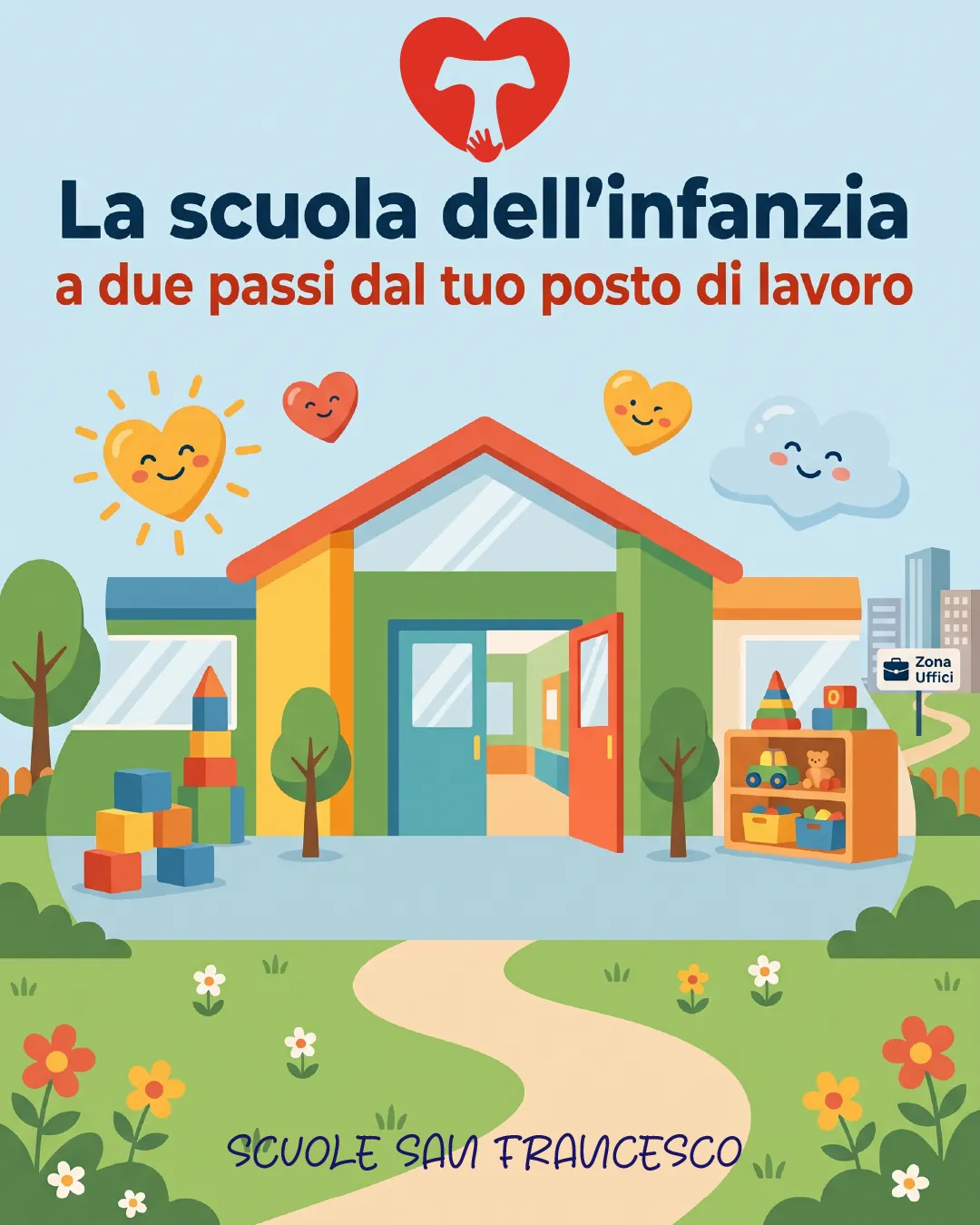 Publication avec le titre La scuola dell’infanzia a due passi dal tuo posto di lavoro, au-dessus du bâtiment coloré de l’école avec une pelouse et des cubes, et l’inscription Scuole San Francesco