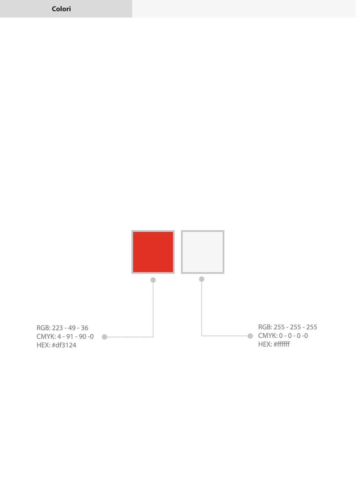 Page Colori avec le rouge, RGB 223 49 36, HEX #df3124, et le blanc