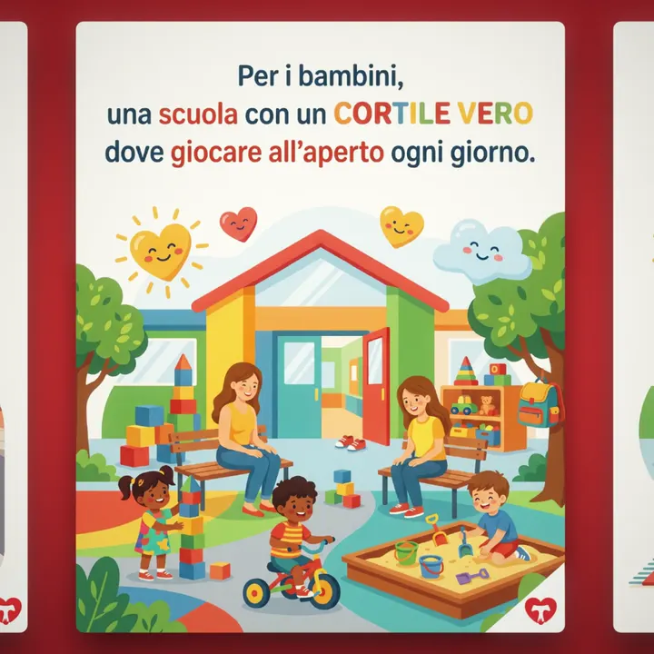 Affiche des Scuole San Francesco avec une cour de jeu illustrée