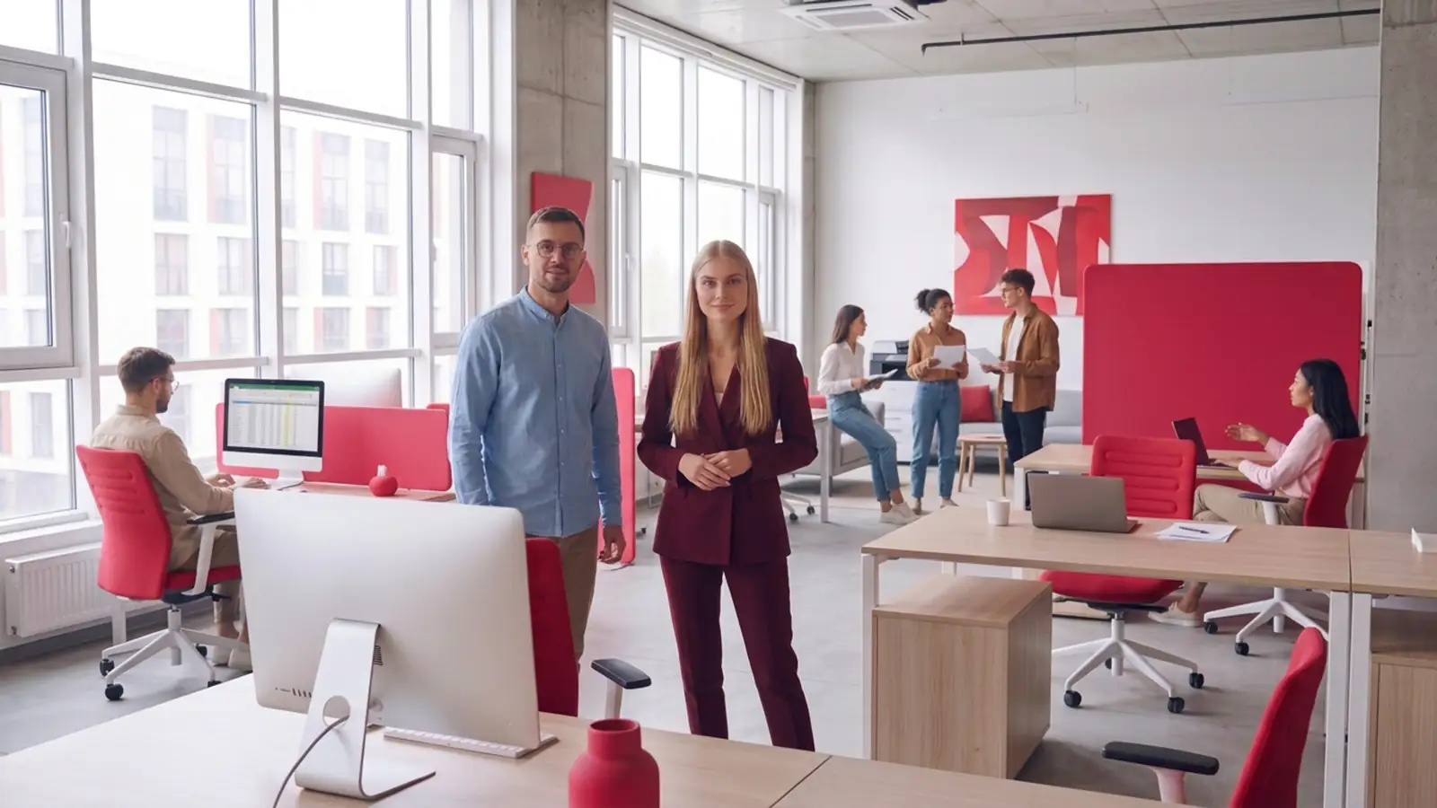 Un homme et une femme debout dans un open space lumineux, des collègues au travail en arrière-plan