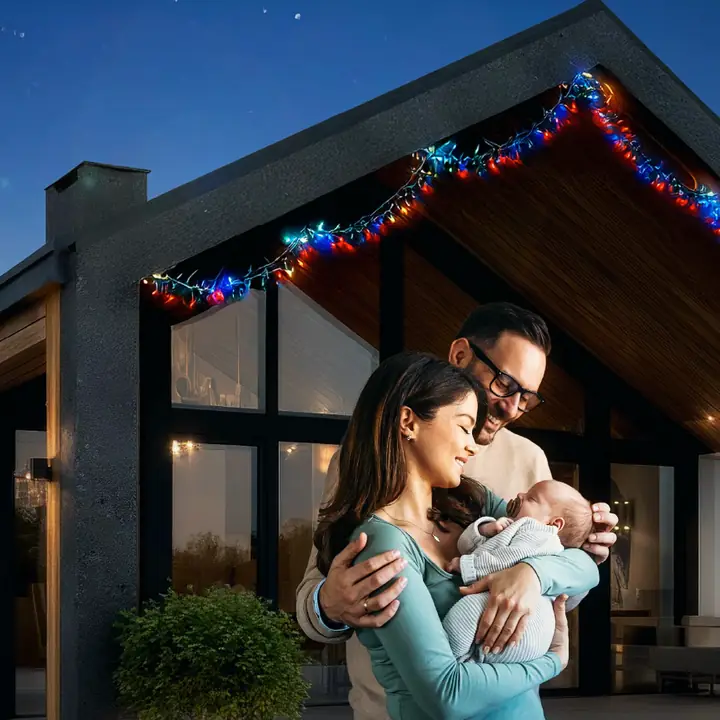 Une famille avec un nourrisson devant une maison illuminée pour les fêtes