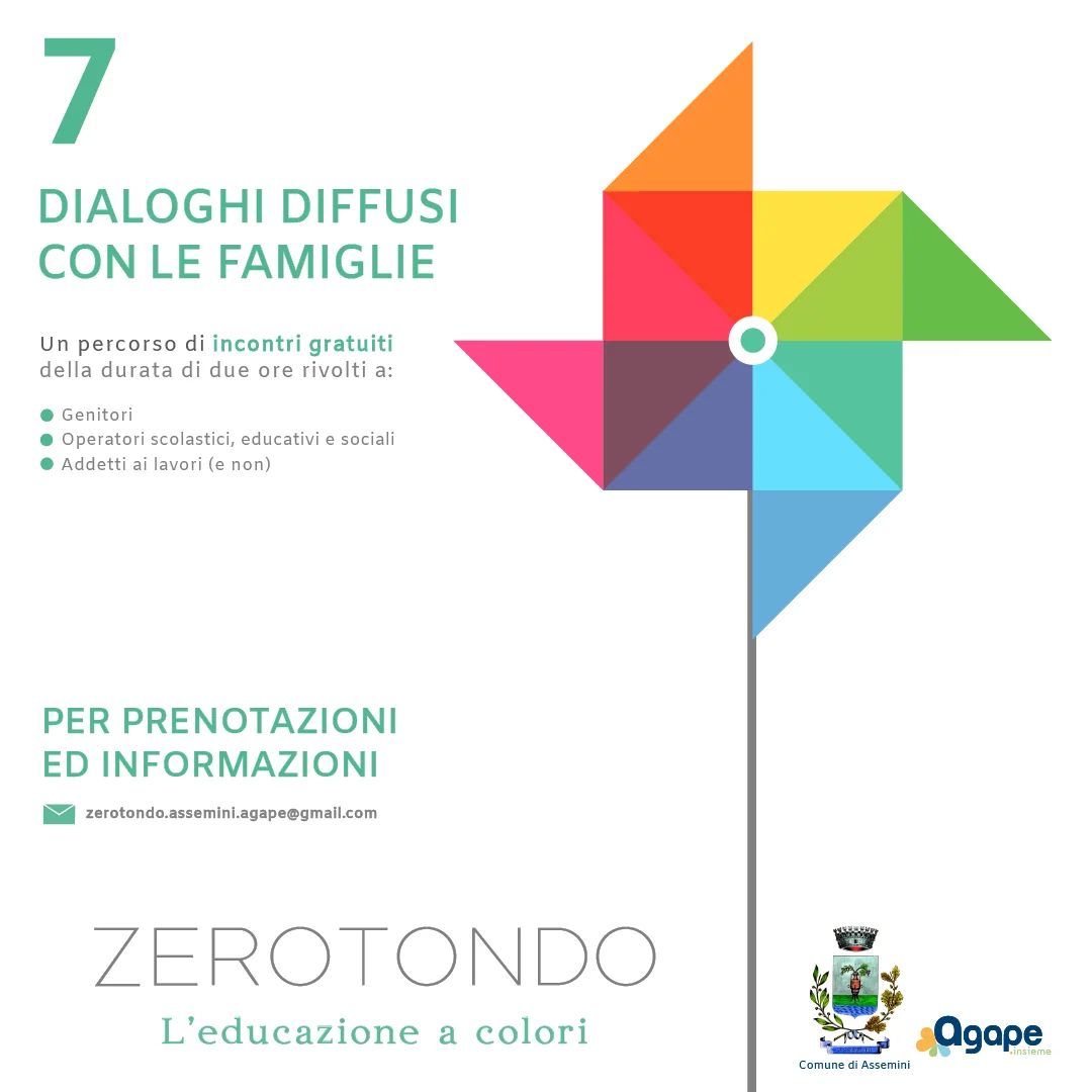 Facciata della brochure: 7 dialoghi diffusi con le famiglie, un percorso di incontri gratuiti di due ore per genitori, operatori scolastici, educativi e sociali e addetti ai lavori, con la girandola a destra