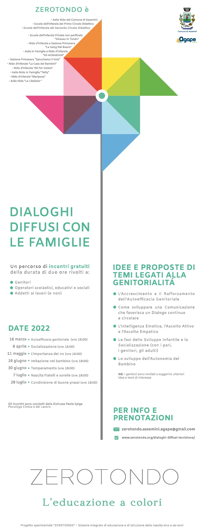 Locandina verticale di Zerotondo: una girandola colorata con un lungo palo grigio, il titolo Dialoghi diffusi con le famiglie, l’elenco delle strutture, le date del 2022 dal 16 marzo al 28 luglio, i temi e i recapiti per prenotare