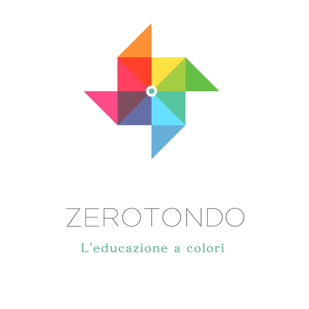 Il marchio Zerotondo: una girandola di triangoli colorati sopra la scritta ZEROTONDO e la frase L’educazione a colori