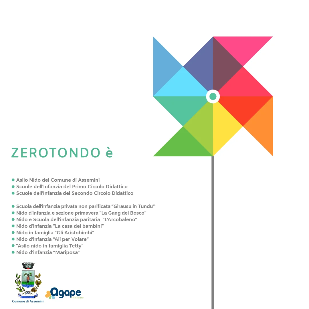 Facciata della brochure Zerotondo è, con l’elenco dell’asilo nido comunale, delle scuole dell’infanzia e dei nidi privati di Assemini e i loghi del Comune di Assemini e di Agape
