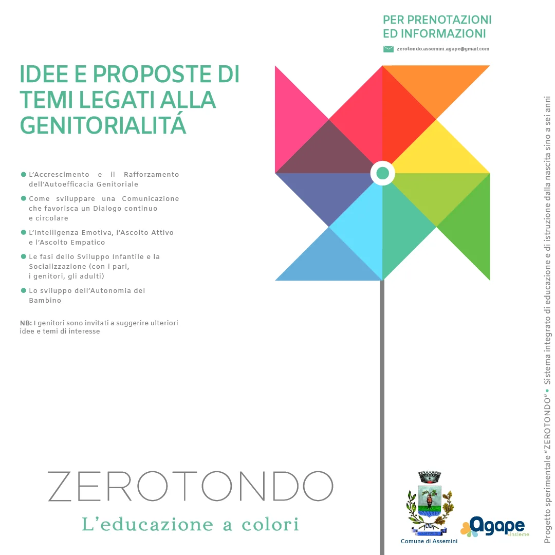 Facciata della brochure: idee e proposte di temi legati alla genitorialità, con un elenco di cinque temi accanto alla girandola